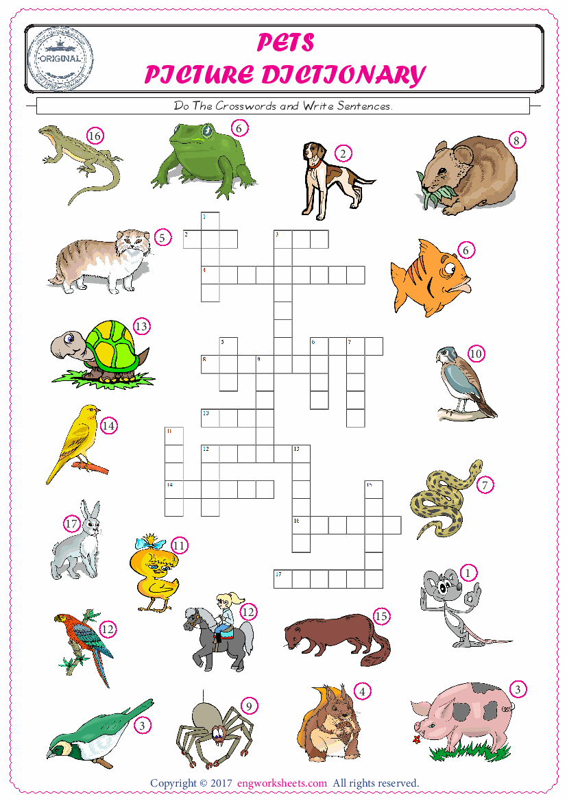 ESL printable worksheet for kids, supply the missing words of the crossword by using the Pets picture. 